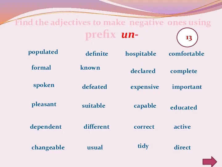 Find the adjectives to make negative ones using prefix un- populated formal