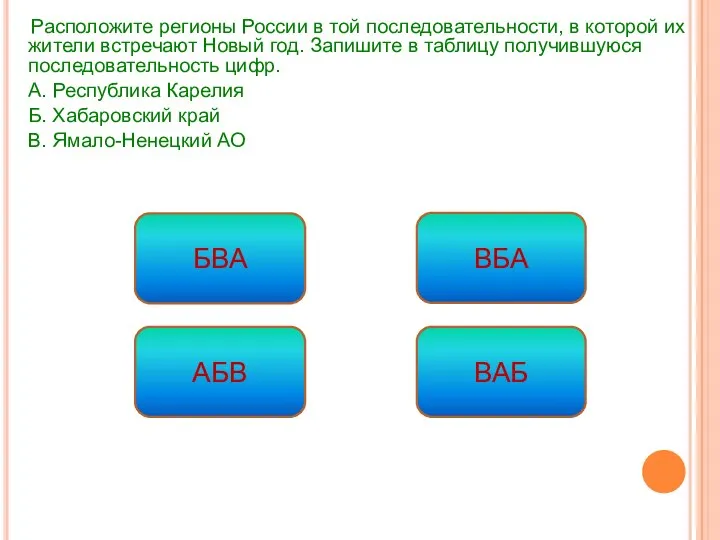 Расположите регионы России в той последовательности, в которой их жители встречают Новый