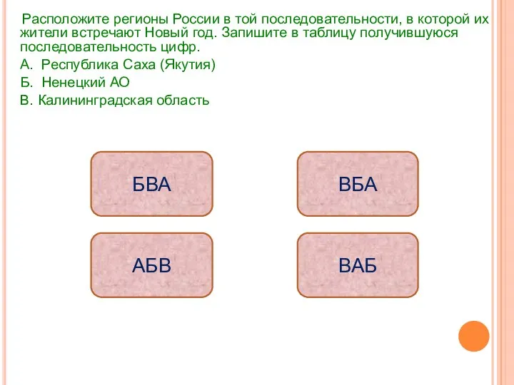 Расположите регионы России в той последовательности, в которой их жители встречают Новый