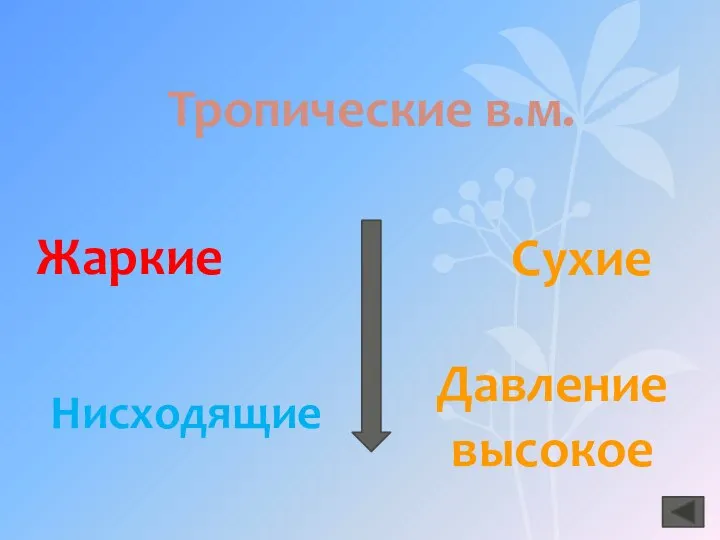 Жаркие Сухие Нисходящие Давление высокое Тропические в.м.