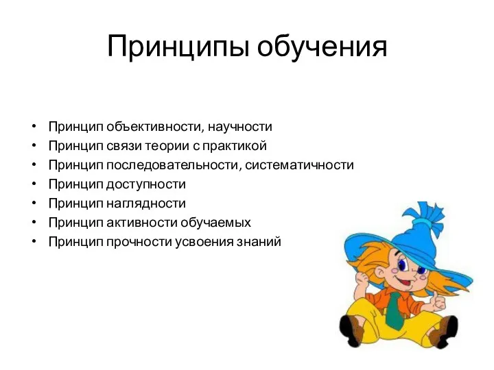 Принципы обучения Принцип объективности, научности Принцип связи теории с практикой Принцип последовательности,