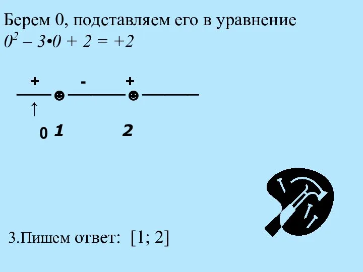 Берем 0, подставляем его в уравнение 02 – 3•0 + 2 =