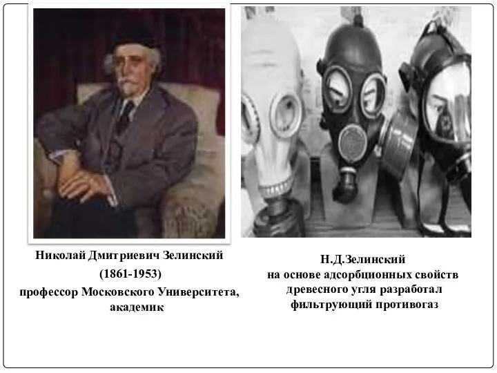 Н.Д.Зелинский на основе адсорбционных свойств древесного угля разработал фильтрующий противогаз Николай Дмитриевич