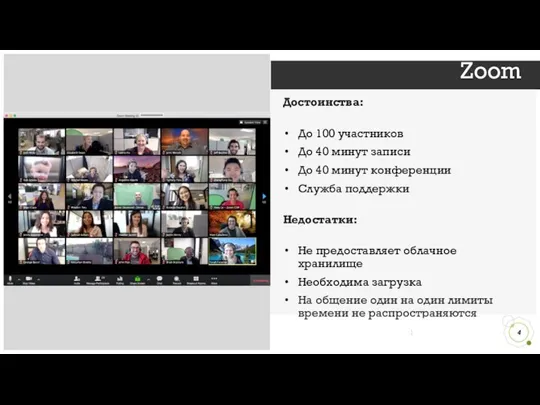 Zoom Достоинства: До 100 участников До 40 минут записи До 40 минут