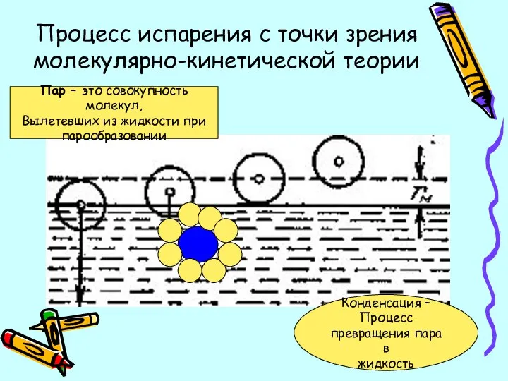 Процесс испарения с точки зрения молекулярно-кинетической теории Пар – это совокупность молекул,