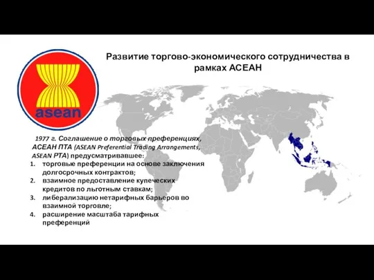 Развитие торгово-экономического сотрудничества в рамках АСЕАН 1977 г. Соглашение о торговых преференциях,