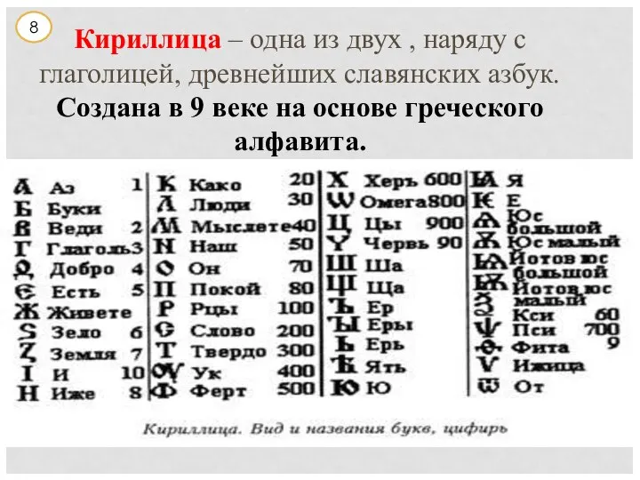 Кириллица – одна из двух , наряду с глаголицей, древнейших славянских азбук.