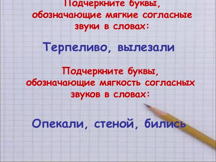 Подчеркните буквы, обозначающие мягкие согласные звуки в словах: Терпеливо, вылезали Подчеркните буквы,