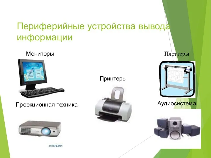 Периферийные устройства вывода информации Мониторы Принтеры Плоттеры Проекционная техника Аудиосистема