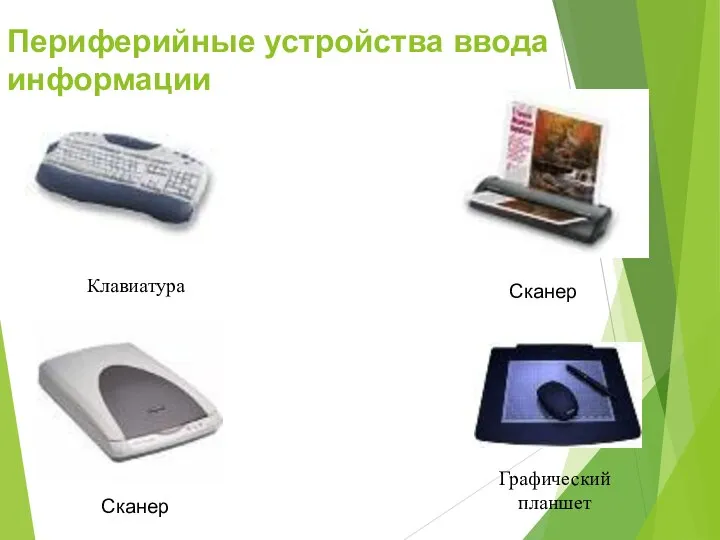 Периферийные устройства ввода информации Клавиатура Сканер Сканер Графический планшет