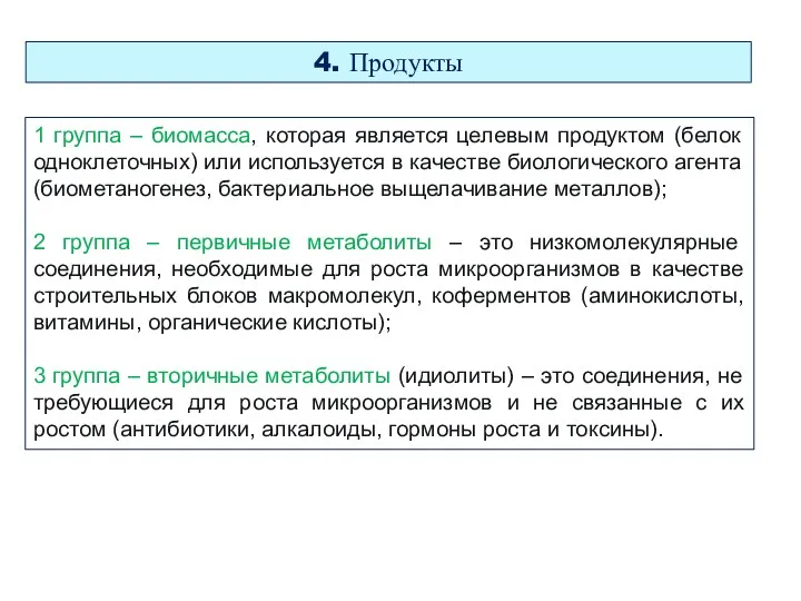 1 группа – биомасса, которая является целевым продуктом (белок одноклеточных) или используется