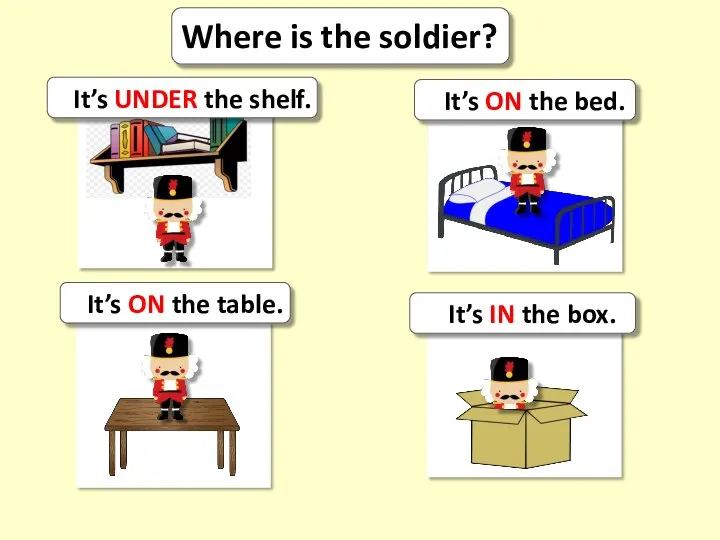 Where is the soldier? It’s UNDER the shelf. It’s ON the bed.