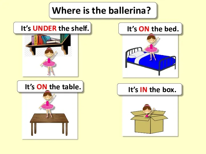 Where is the ballerina? It’s UNDER the shelf. It’s ON the bed.