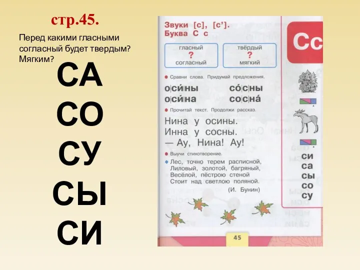 стр.45. СА СО СУ СЫ СИ Перед какими гласными согласный будет твердым? Мягким?