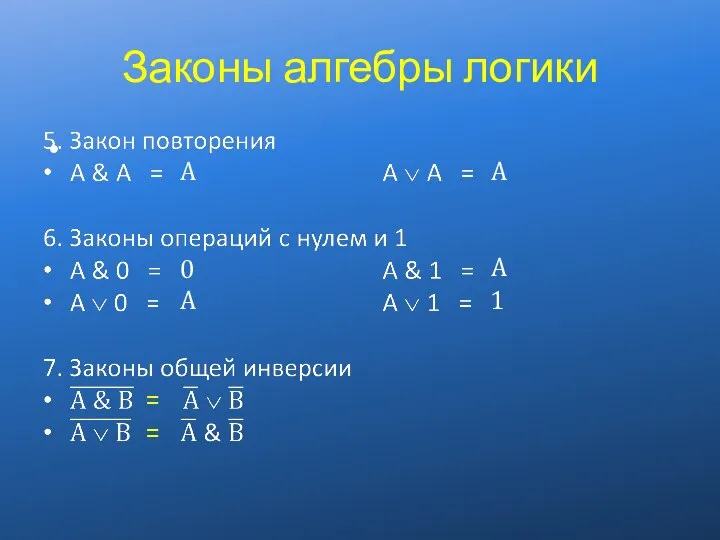 Законы алгебры логики A A 0 A A 1 = =