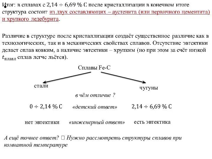 Сплавы Fe-C стали чугуны в чём отличие ? «детский ответ» есть эвтектика