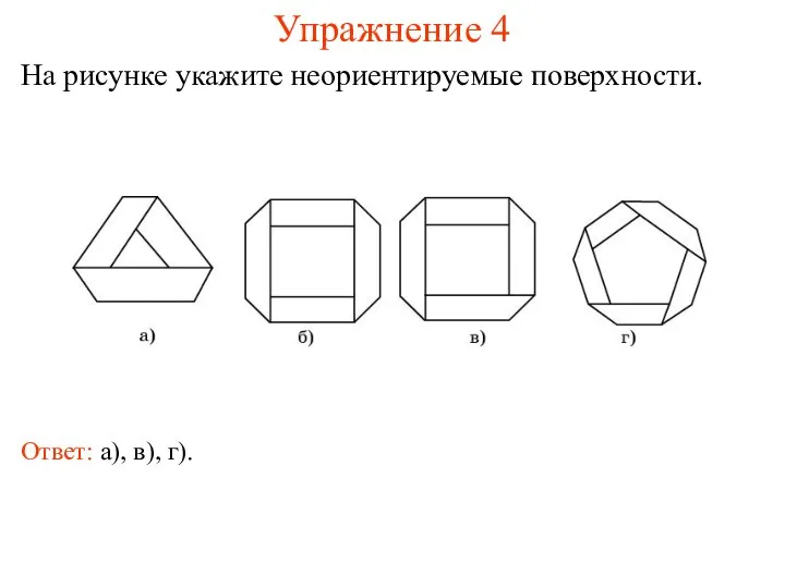 Упражнение 4 На рисунке укажите неориентируемые поверхности. Ответ: а), в), г).