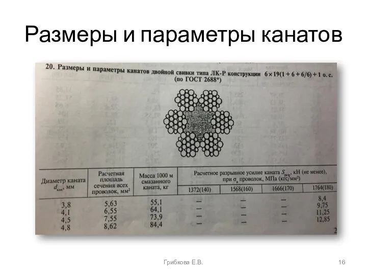 Размеры и параметры канатов Грибкова Е.В.