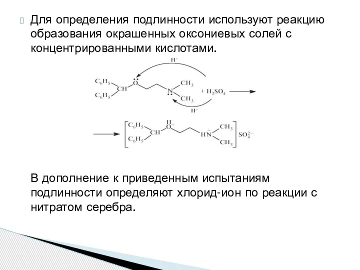 Для определения подлинности используют реакцию образования окрашенных оксониевых солей с концентрированными кислотами.