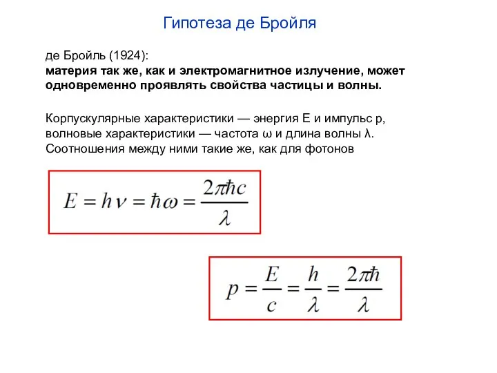 де Бройль (1924): материя так же, как и электромагнитное излучение, может одновременно