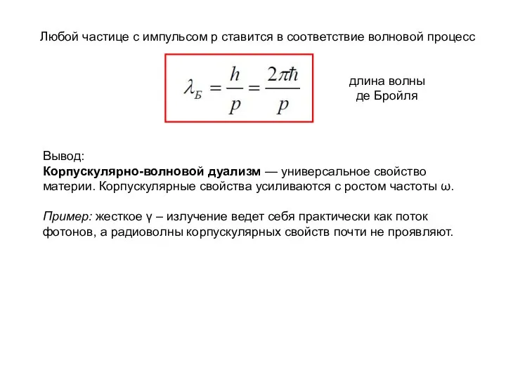 Любой частице с импульсом p ставится в соответствие волновой процесс длина волны