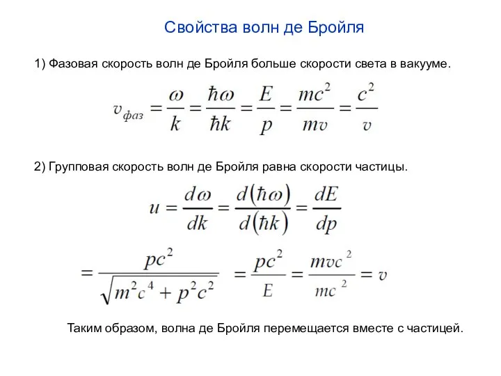 Свойства волн де Бройля 1) Фазовая скорость волн де Бройля больше скорости