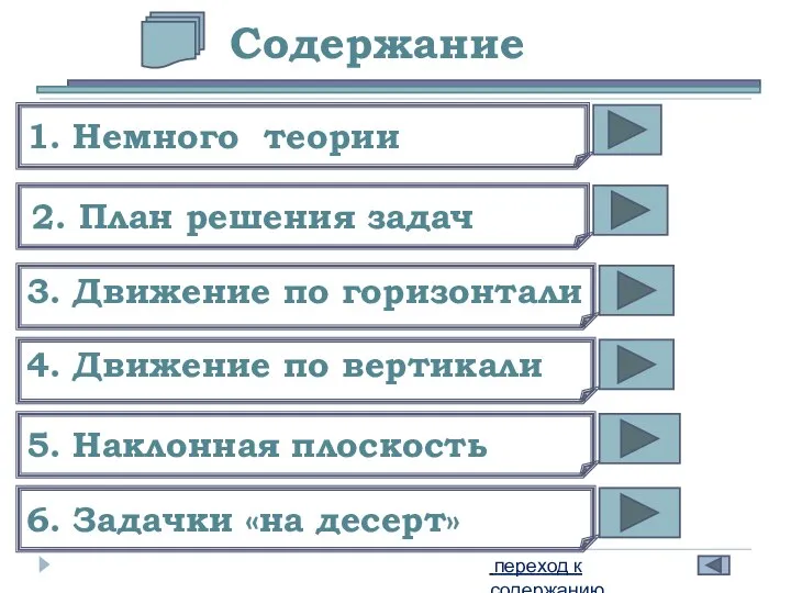 Содержание 1. Немного теории 2. План решения задач 3. Движение по горизонтали