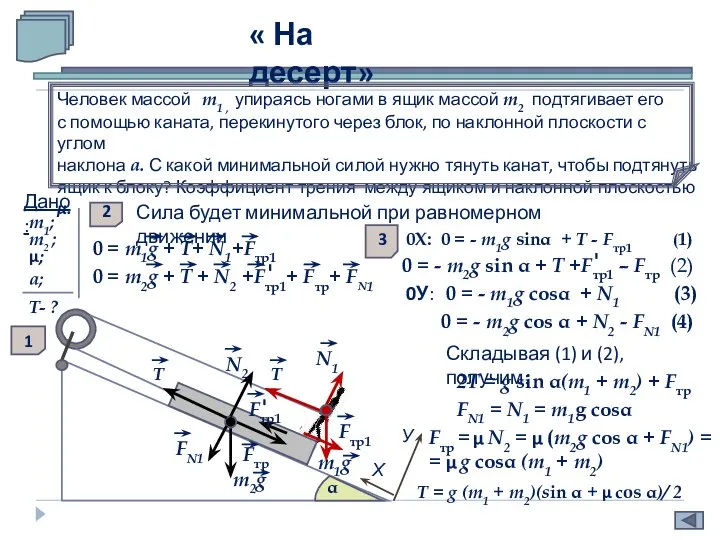 α У Х FN1 N2 m1g m2g T T Fтр. Fтр1.1 Человек