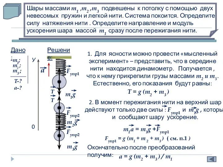 Шары массами m1 ,m2 ,m3 подвешены к потолку с помощью двух невесомых