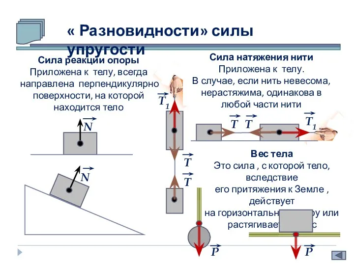 « Разновидности» силы упругости N Т N Т Т1 Сила натяжения нити