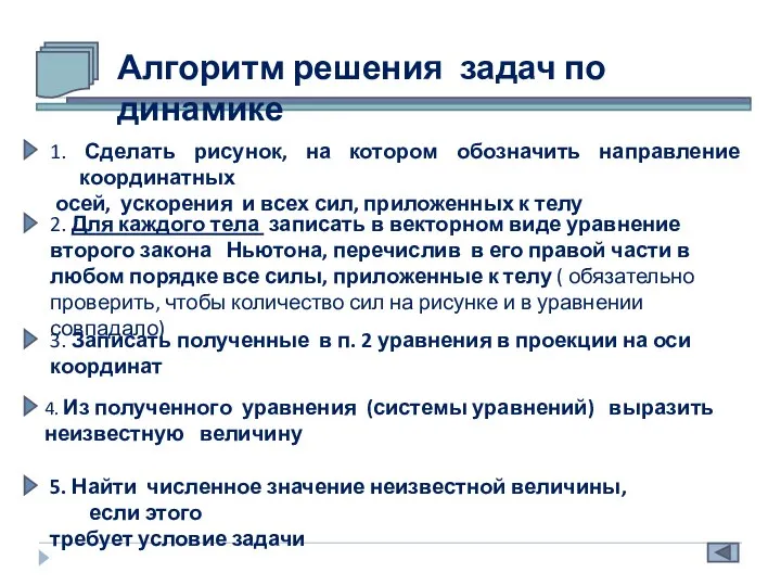 Алгоритм решения задач по динамике 1. Сделать рисунок, на котором обозначить направление