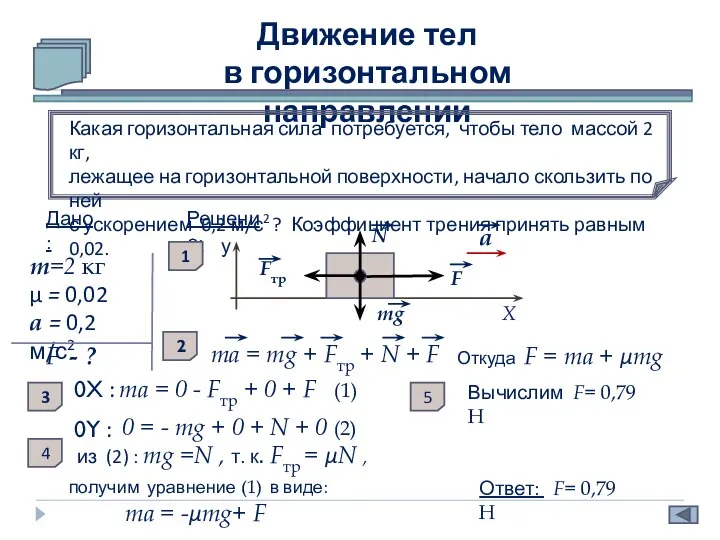 Движение тел в горизонтальном направлении Какая горизонтальная сила потребуется, чтобы тело массой