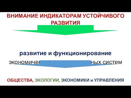 ВНИМАНИЕ ИНДИКАТОРАМ УСТОЙЧИВОГО РАЗВИТИЯ развитие и функционирование экономических территориальных систем ОБЩЕСТВА, ЭКОЛОГИИ, ЭКОНОМИКИ и УПРАВЛЕНИЯ