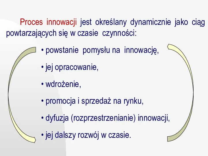 Proces innowacji jest określany dynamicznie jako ciąg powtarzających się w czasie czynności: