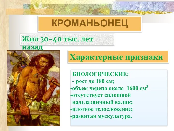 КРОМАНЬОНЕЦ БИОЛОГИЧЕСКИЕ: - рост до 180 см; объем черепа около 1600 см3