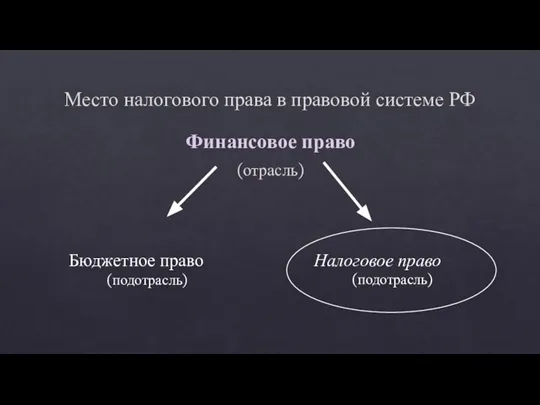 Место налогового права в правовой системе РФ Финансовое право (отрасль) Бюджетное право (подотрасль) Налоговое право (подотрасль)