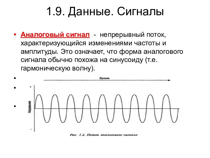 1.9. Данные. Сигналы Аналоговый сигнал - непрерывный поток, характеризующийся изменениями частоты и