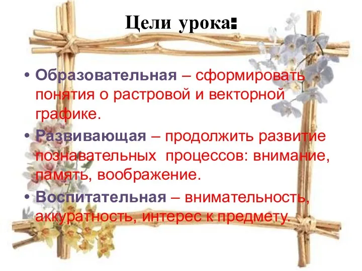 Цели урока: Образовательная – сформировать понятия о растровой и векторной графике. Развивающая