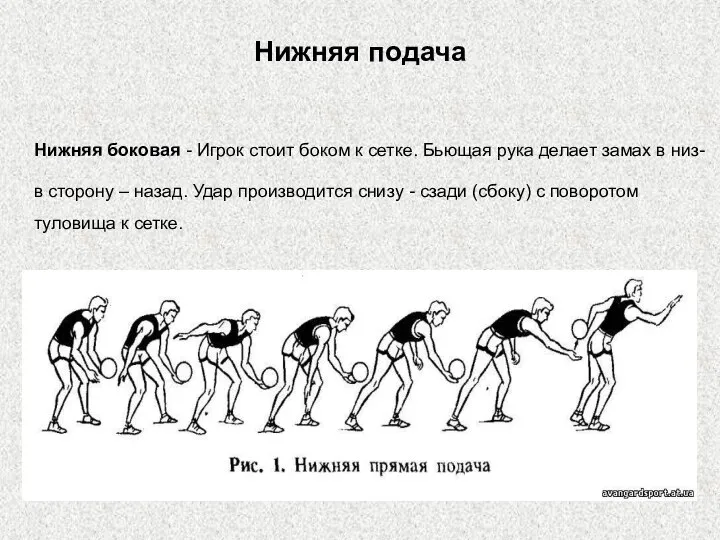 Нижняя подача Нижняя боковая - Игрок стоит боком к сетке. Бьющая рука