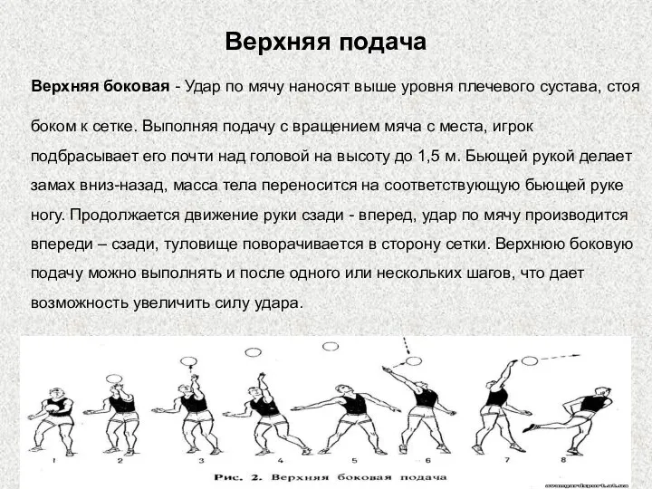 Верхняя подача Верхняя боковая - Удар по мячу наносят выше уровня плечевого