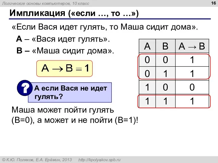 Импликация («если …, то …») «Если Вася идет гулять, то Маша сидит