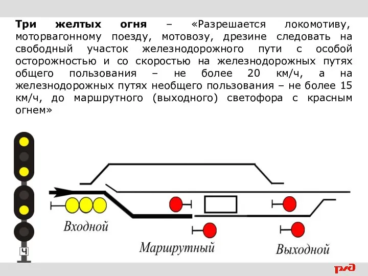 Три желтых огня – «Разрешается локомотиву, моторвагонному поезду, мотовозу, дрезине следовать на