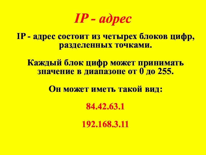 IP - адрес состоит из четырех блоков цифр, разделенных точками. Каждый блок