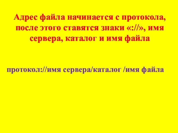 Адрес файла начинается с протокола, после этого ставятся знаки «://», имя сервера,