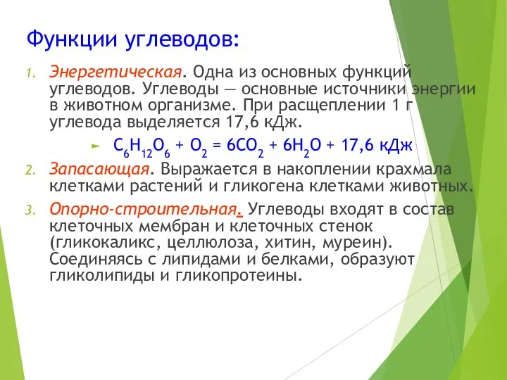 Функции углеводов: Энергетическая. Одна из основных функций углеводов. Углеводы — основные источники