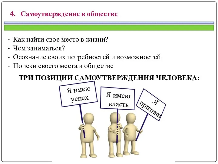 4. Самоутверждение в обществе Я имею успех Я признан Я имею власть