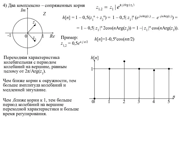 4) Два комплексно – сопряженных корня h[n] = 1 – 0,5(z1n +