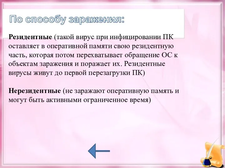 Резидентные (такой вирус при инфицировании ПК оставляет в оперативной памяти свою резидентную