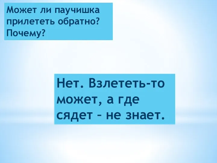 Может ли паучишка прилететь обратно? Почему? Нет. Взлететь-то может, а где сядет – не знает.