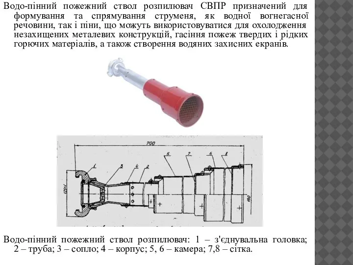 Водо-пінний пожежний ствол розпилювач СВПР призначений для формування та спрямування струменя, як